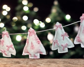 Coquette Christmas Tree Garland, Pink Holiday Banner, Pink Winter Decor, December Wedding,Handmade Seasonal