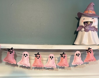 Pink Ghost Garland, Handmade Halloween Banner, Pastel Decor