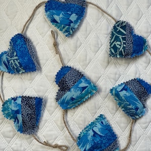 Blue Batik Heart Garland: Shabby Chic Boho Home Decor