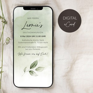 Personalizable invitation for communion or confirmation, with personalized data, watercolor eCard, send via WhatsApp