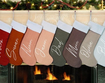 Personalized Embroidered Christmas Stockings - Linen Christmas Stockings - Family Christmas Stockings, Family Christmas Decoration