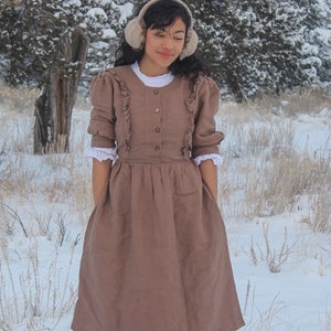 RUFFLED Front LINEN DRESS with Puffed Sleeves, Button Front, Midi-Length Skirt, Adjustable Waist Tie, Christmas Gift for Her
