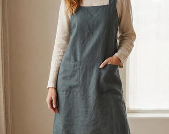 Japanese Style Linen Crossback Pinafore Apron – No Tie, 4 Pockets, GOTS Certified