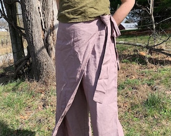 100% Natural Linen Wrap Skirt Pants with Belt, Hidden Pockets, Christmas Gift for Her