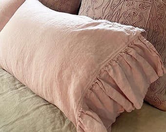 100% Linen Ruffled Pillow Shams, Pink Ruffled Pillowcase Ruffle Custom Pillowcases Ruppled Pillow Cover Decorative Pillow Cases Euro Pillow