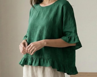 Ruffle Sleeve Linen Top with Round Neck – Linen Ruffled Blouse – Summer Blouse– Women's Handmade Linen Top – Mother's Day Gift for Her