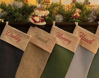 Personalized Christmas Stockings - Custom Family Stocking Set Embroidered Christmas Stockings - Family Linen Christmas Stockings