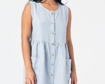 BUTTON-DOWN Linen Dress with Scoop Neckline | Sleeveless, Short Length, Patch Pockets, Adjustable Back Tie, Mothers Day Gift for Her