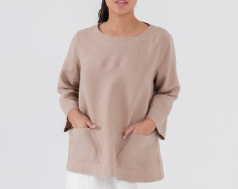 MAMA Linen Tunic with POCKETS and Long Sleeves, Plain Linen Blouse in Taupe color, 100% Natural Linen  Mothers Day Gift for Her