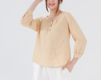 Scoop Button-Up LINEN TOP with 3/4 Sleeves and Cuffs in 41 Color Options, Washed and Pre-shrunk Linen, Mothers Day Gift for Her