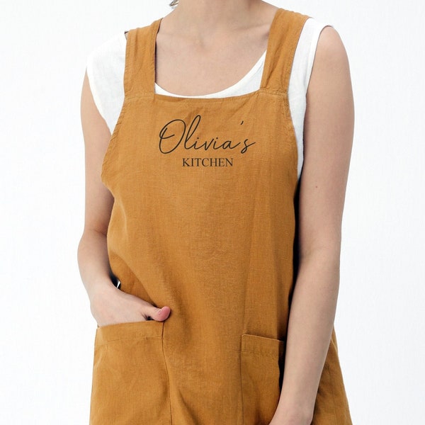 Personalized Linen Cross Back Apron | Reversible Japanese Style