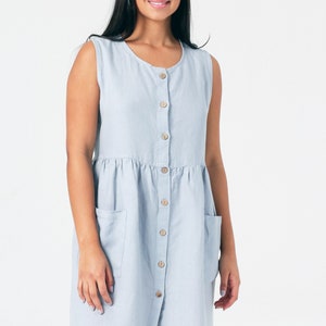BUTTON-DOWN Linen Dress with Scoop Neckline | Sleeveless, Short Length, Patch Pockets, Adjustable Back Tie, Mothers Day Gift for Her