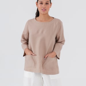 MAMA Linen Tunic with POCKETS and Long Sleeves, Plain Linen Blouse in Taupe color, 100% Natural Linen Mothers Day Gift for Her image 1