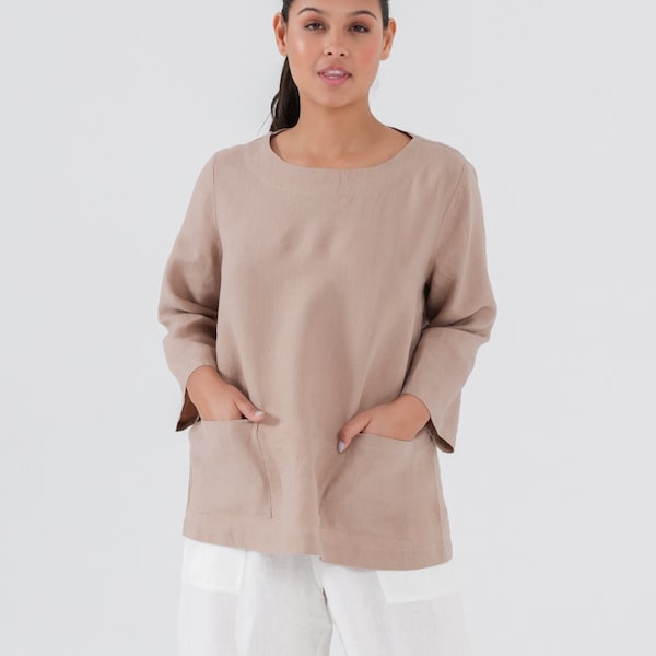 MAMA Linen Tunic with POCKETS and Long Sleeves, Plain Linen Blouse in Taupe color, 100% Natural Linen  Mothers Day Gift for Her