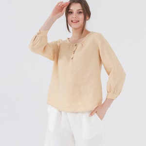 Scoop Button-Up LINEN TOP with 3/4 Sleeves and Cuffs in 41 Color Options, Washed and Pre-shrunk Linen, Mothers Day Gift for Her