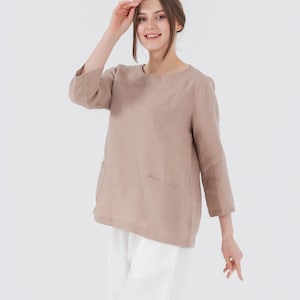 MAMA Linen Tunic with POCKETS and Long Sleeves, Plain Linen Blouse in Taupe color, 100% Natural Linen Mothers Day Gift for Her image 2