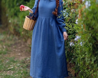 Handmade Linen Maxi Dress | Peter Pan Collar, Long Sleeves, Pockets | Christmas Gift for Her