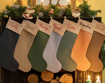 Personalized Linen Christmas Stockings - Custom Family Stocking Set Embroidered Christmas Stockings - Family Christmas Stockings