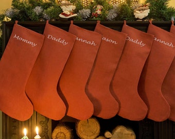 Personalized Embroidered Christmas Stockings - Linen, Cream, Blue, Retro Styles - Elegant Handmade Stockings for Family & Dogs