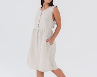 Sleeveless Linen Summer Dress | Button-Up Midi with Tie Belt