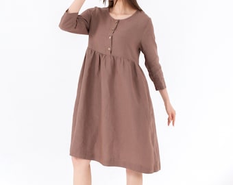 Linen Midi Dress: Button Front, 3/4 Sleeve, Tie-Back