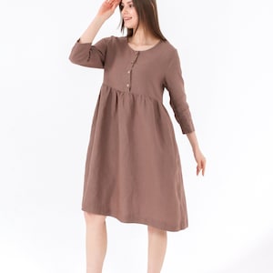 CASUAL Linen Dress with BUTTON Front 3/4 Sleeves Tie-Back Below Knee Length Dress 100% Natural Linen Mothers Day Gift for Her