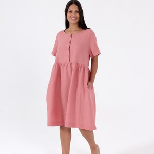 LOOSE LINEN Dress with Short sleeves Button Front Tie-back Below knee length 100% Natural linen Mothers Day Gift for Her