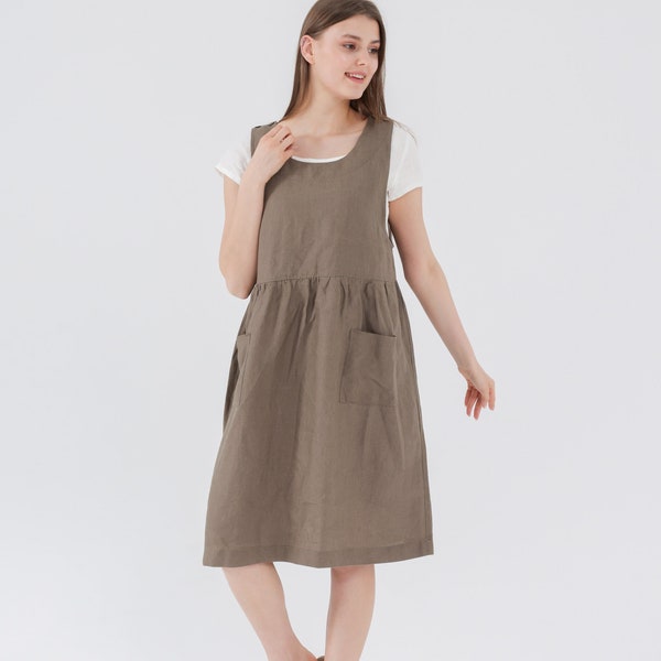 APRON PINAFORE Leinenkleid mit aufgesetzten Taschen Midi-Länge Cottagecore Kleid Minimalistischer Sommer bequemer Kleid Muttertagsgeschenk