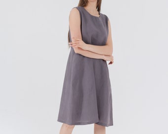 SHIFT Dress in Knee Length COTTAGECORE Linen Wedding Dress Deep Grey 100%  Natural Linen Casual Plain Simple Dress Mothers Day Gift for Her - Etsy
