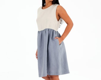 TWO-TONE Sleeveless Linen Dress with 41 Color Options, Boat Neckline, Patch Pockets, Back Tie, 100% Natural Linen, Mothers Day Gift for Her