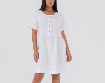 White Linen Dress, Scoop Neck Button Up, Knee Length