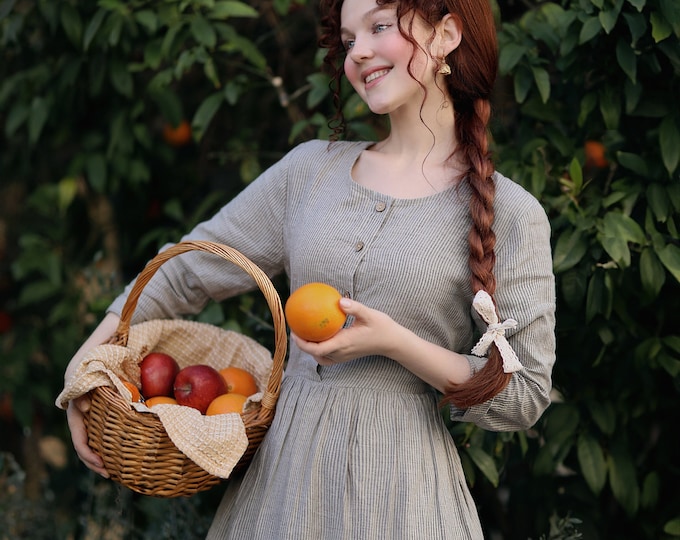 Organic Linen Maxi Dress, Long Sleeve Cottagecore Button Front | Christmas Gift for Her