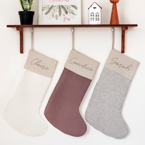 Embroidered Christmas Stockings Personalized - Linen Christmas Stockings - Family Christmas Stockings, Family Christmas Decoration