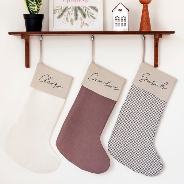 Embroidered Christmas Stockings Personalized - Linen Christmas Stockings - Family Christmas Stockings, Family Christmas Decoration