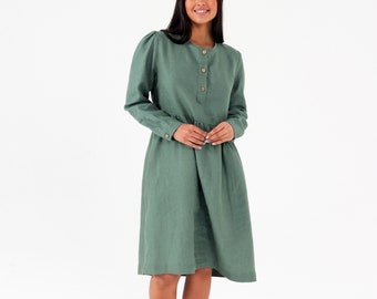 WINTER Leinen Midi Kleid mit Taschen und langen Puffärmeln Knopfmanschette, 100% natürliches Leinen Muttertagsgeschenk für Sie