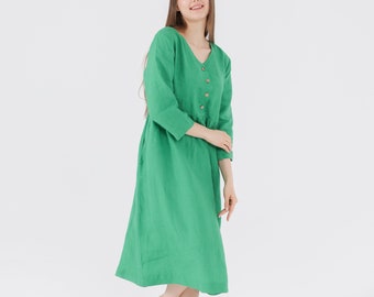 V-NECK linen dress 3/4 Sleeves MAMA Dress in Midi length Half button Tie belt at back Simple Plain Casual Dress Mothers Day Gift for Her