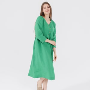 V-NECK linen dress 3/4 Sleeves MAMA Dress in Midi length Half button Tie belt at back Simple Plain Casual Dress Mothers Day Gift for Her