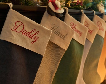 Embroidered Christmas Stockings Personalized - Linen Christmas Stockings - Custom Family Christmas Stockings, Family Christmas Decoration