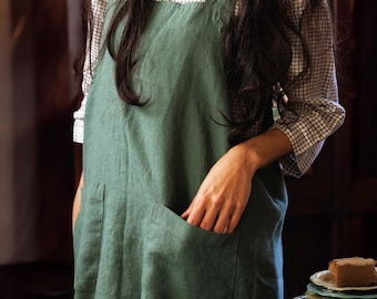Cross Back Linen Apron: Reversible Organic Elegance with Pockets | Mothers Day Gift for Her