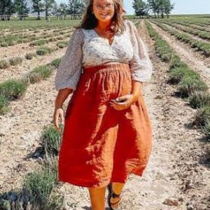 Soft Linen Midi Skirt for Women with Hidden Pockets, Summer Linen Skirt with Elastic Waist, 100% Natural Linen, Mothers Day Gift for Her
