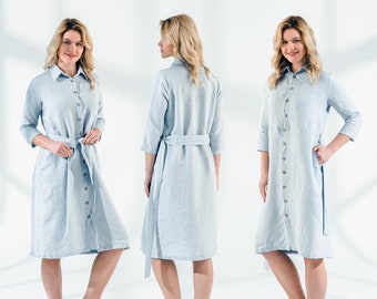 Linen - Collared Linen Shirt Dress | 3/4 Sleeve, Relaxed Fit | Belt | Pockets | Mothers Day Gift for Her