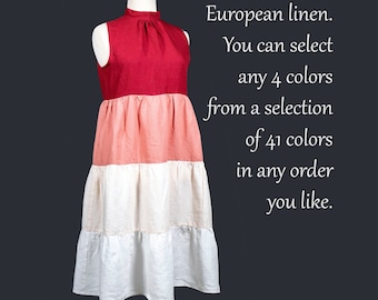 Custom Tiered Color Block Linen Dress | Sleeveless Summer dress with Hidden Pockets | Tank top dress | Linen Tunic Mothers Day Gift for Her