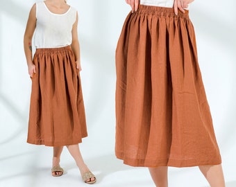 Linen Skirt with Pockets | Pleated Elastic Waist Washed linen skirt | Midi Skirt | Mothers Day Gift for Her