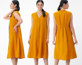 Sleeveless V Neck Linen Button Down Dress with Elastic Band at the back | Summer Linen Dress - Mothers Day Gift for Her