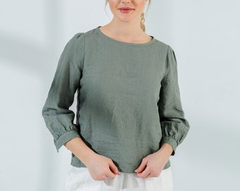 Linen Top Blouse | Linen Boat Neckline Top with 3/4 Puffed Sleeves and button cuffs | - Mothers Day Gift for Her