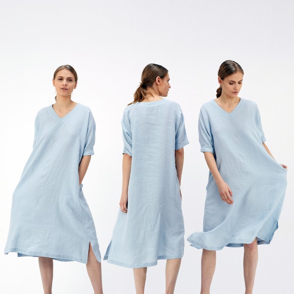 Robe tunique en lin à col en V avec poches | Robe tunique en lin sans manches, coupe décontractée | Cadeau de fête des mères pour elle