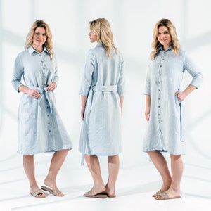 Linen - Collared Linen Shirt Dress | 3/4 Sleeve, Relaxed Fit | Belt | Pockets | Christmas Gift for Her