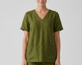 Linen Scrub Top for Women, European Flax Healthcare Uniform,V-Neck Medical Workwear with Pocket, Nurse Apparel,Handmade V-Neck Nurse Uniform