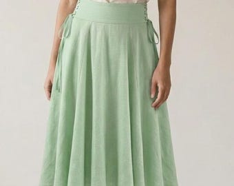 Side Lace-Up Linen Midi Skirt – High Waist Adjustable Lace Skirt – Natural Summer  Linen A-Line Skirt – Mother's Day Gift for Her