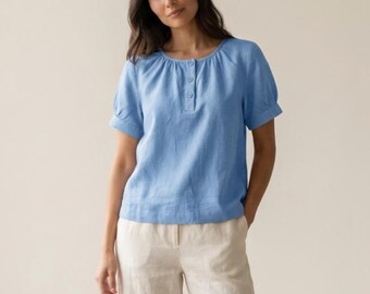Linen Puff Sleeve Blouse, Button Front Round Neck Top, Natural Fabric Statement